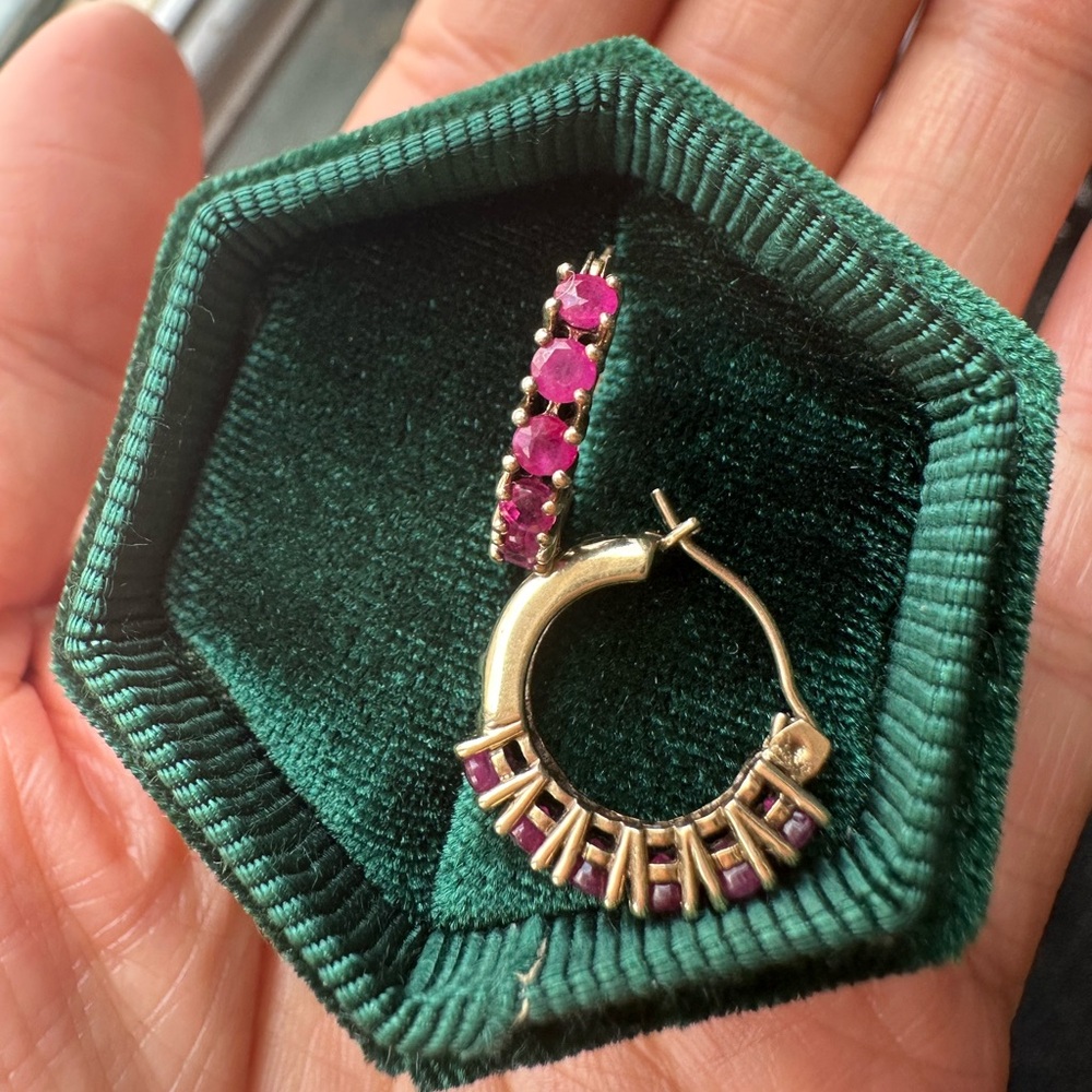 Solid 10k gold and ruby huggies small hoop earrings